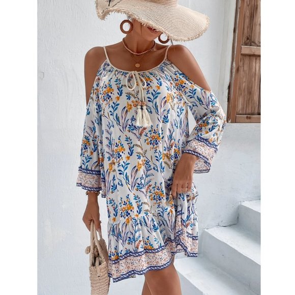 Floral Print Cold Shoulder Tassel Trim Ruffle Hem Dress - Picture 4 of 6